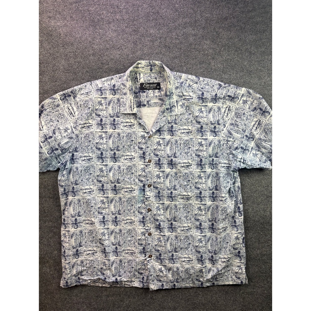 Favant Hawaiian Shirt Mens 3XL Blue White Block Print Surfboard Cotton Button Up